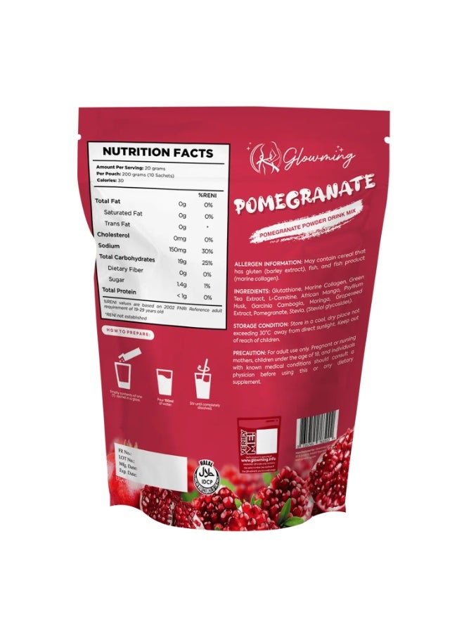 Glowming Pomegranate Marine Collagen Drink Mix 200g Halal Certified Powder with Glutathione Green Tea African Mango 10 Sachets - Image 2